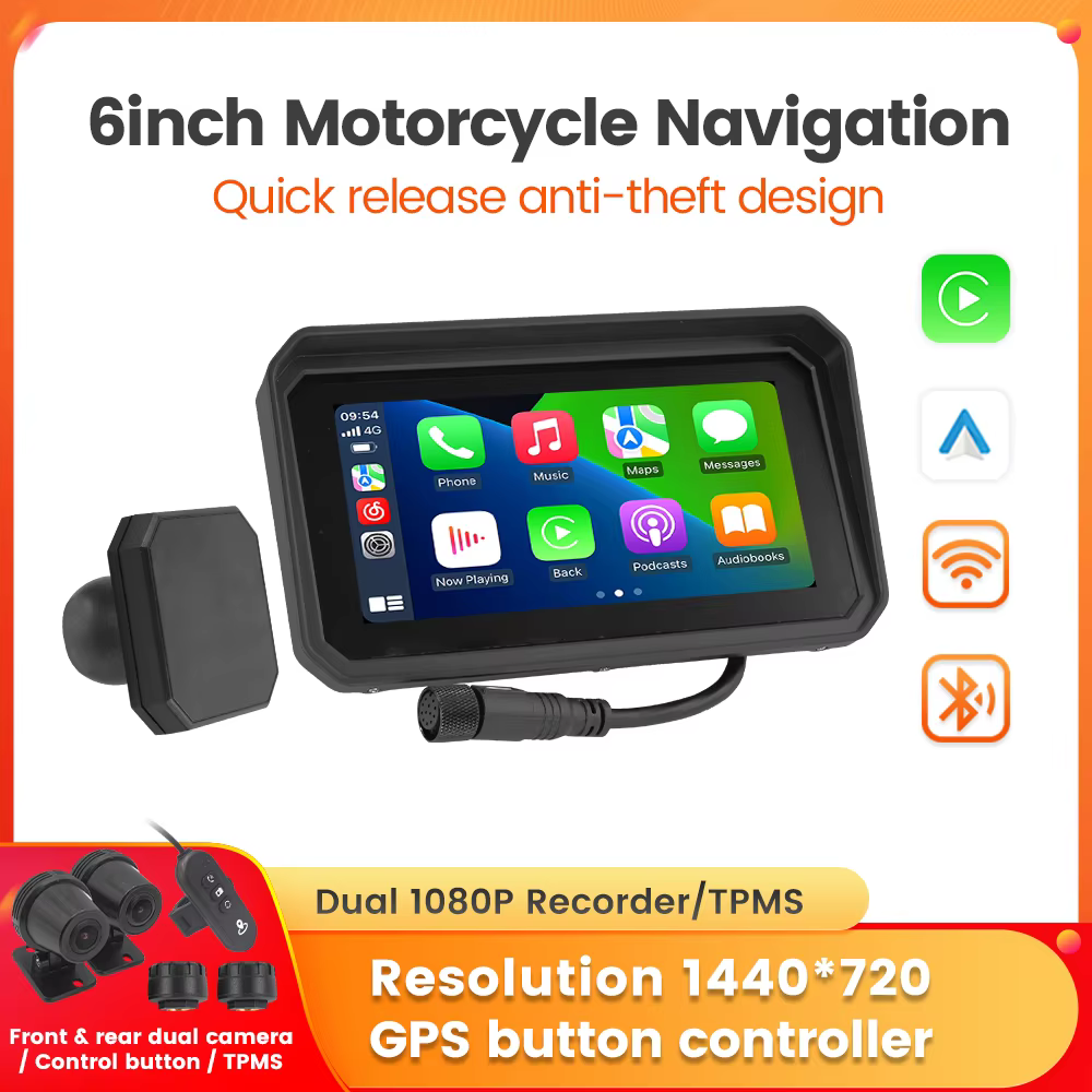 6inch Portable Motorcycle GPS Navigation Rear DVR Drive Recorder TPMS  IP67 Waterproo Wireless Carplay Android Auto Moto Monitor