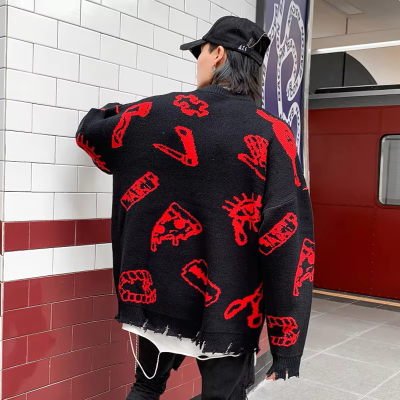 Autumn Winter Ripped Hole Punk Hip Hop Sweater Men Red Green Yellow Color Oversized Pullover Korean Style Graffiti Jersey Hombre