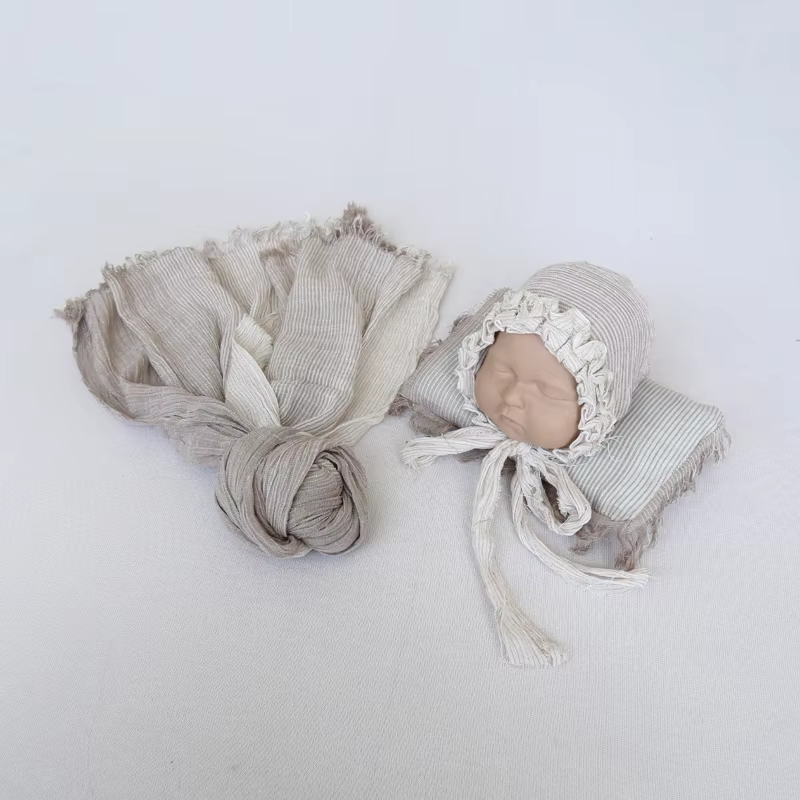 Vintage Baby Cotton Wrap Bonnet Pillow Set Newborn Photography Prop Infant Swaddle Blanket Photo Shoot Layer Fabric