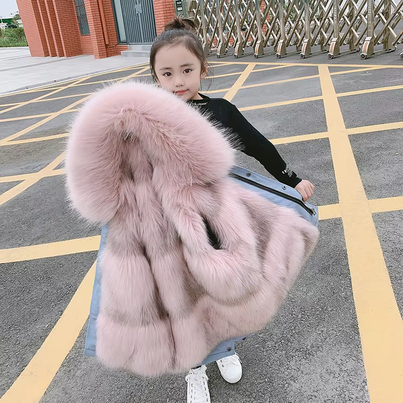 Boys Girls Fur Jacket Parkas Winter Faux Fur Liner Coat Children's Outerwear Imitation Fox Fur Hood Girls Jackets Coats TZ127
