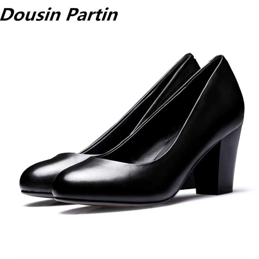 Dousin Partin Office Lady Pumps Square Heel 3.3CM/5CM/7CM Women Black Work Pumps Fashion Round Toe Shallow Ladies 35-39