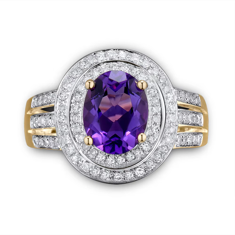 LOVERJEWELRY Women Rings Real 14Kt Yellow Gold Diamond Fine Jewelry Oval Natural Amethyst Rings Gift for Girlfriend Anniversary