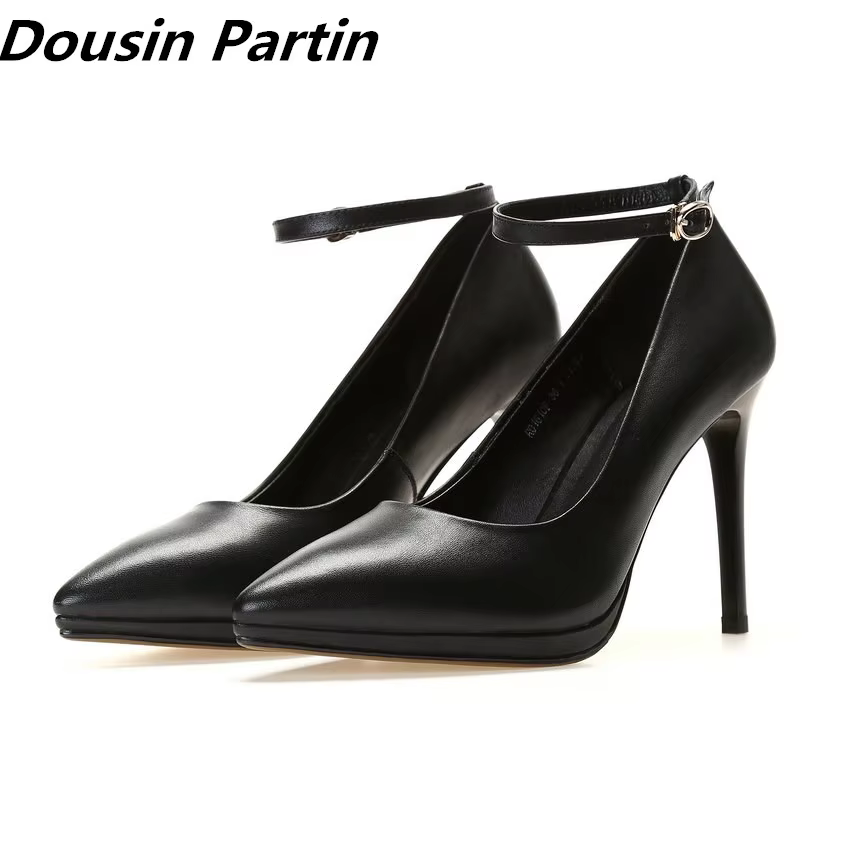 Dousin Partin 2018 Pu Thin High Heel Pointed Toe Black Buckle Design OL Style Fashion Pumps for women shoes 35-39