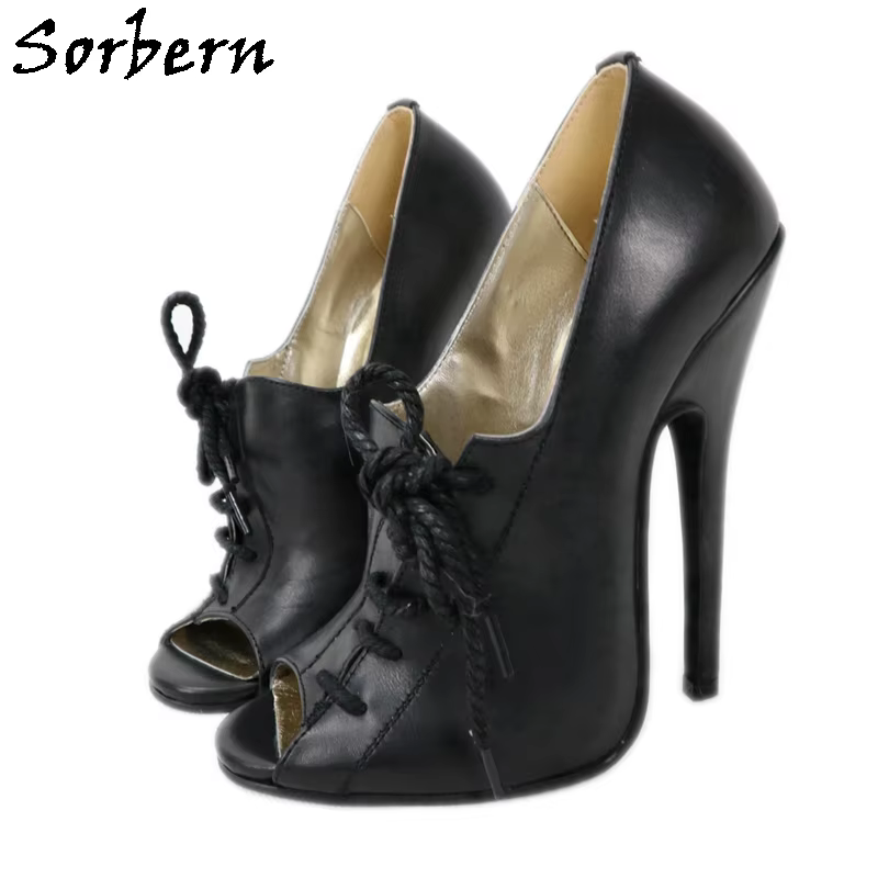 Sorbern Fashion Women Pump Shoe Lace Up 16Cm Heels Stilettos Open Toe Black Matt Custom 14Cm Heeled Shoes Crossdressers Heels