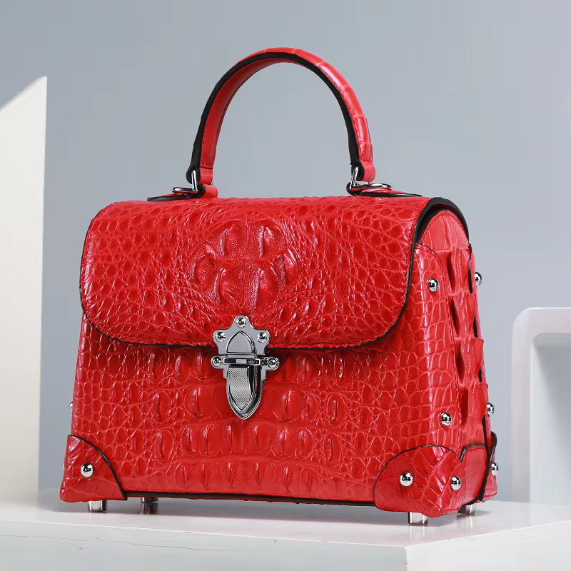 Fashion Designer Genuine Crocodile Skin Female Small Rivets Purse Studs Handbag Exotic Crocodile Leather Lady Cross Shoulder Bag