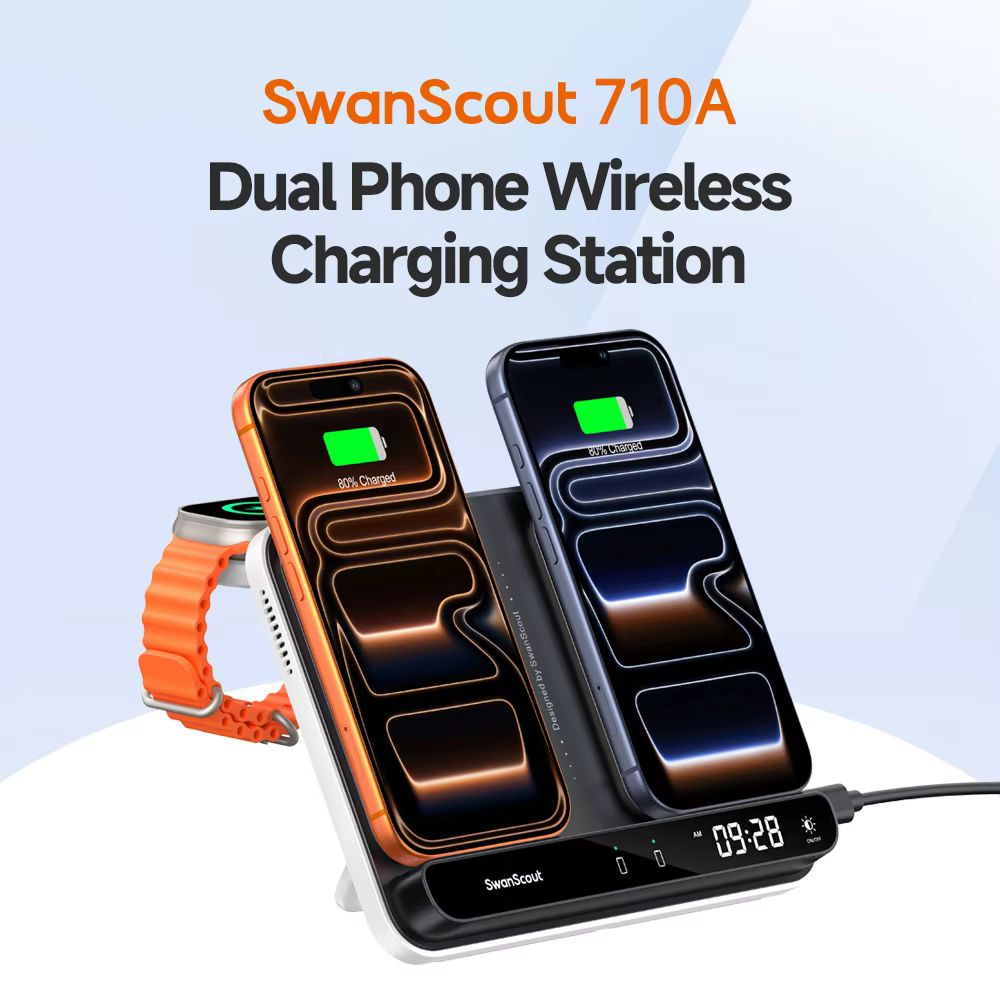 SwanScout 710A Dual Wireless Charger for iPhone 17 16 15 14 Charging Station for Apple Watch 11 10 9 Ultra 3 SE 2 for AirPod Pro