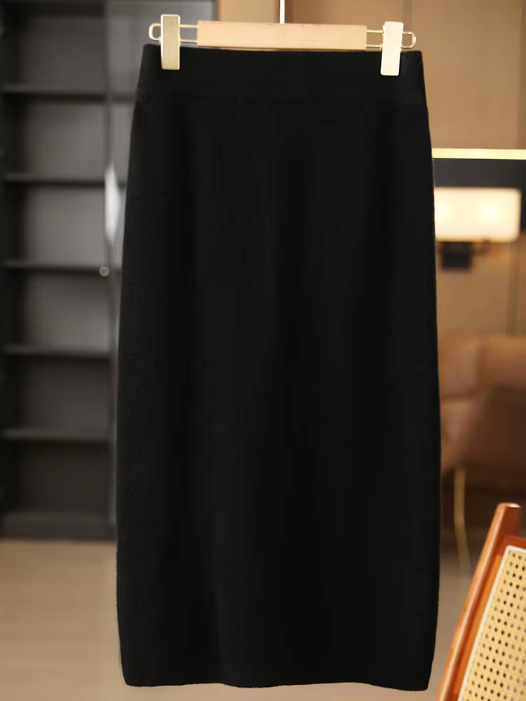 Women Autumn Winter Simplicity Basic 100% Merino Wool Knitted Half-Length Skirt Fashion Solid Soft Comfortable French Style