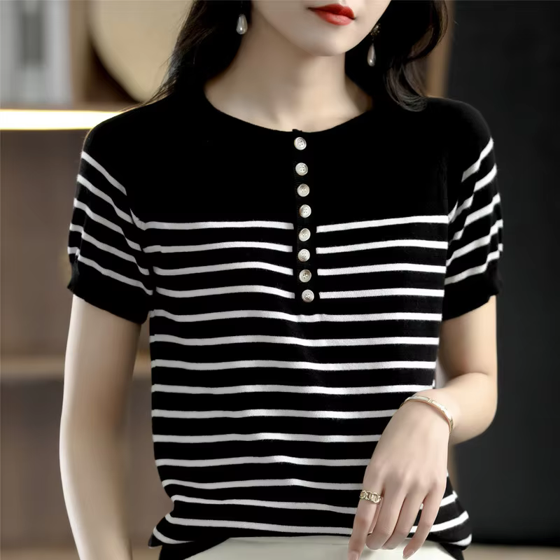 100% pure cotton T-shirt women's knitted striped short sleeved casual round neck Tees summer basic loose Tops versatile