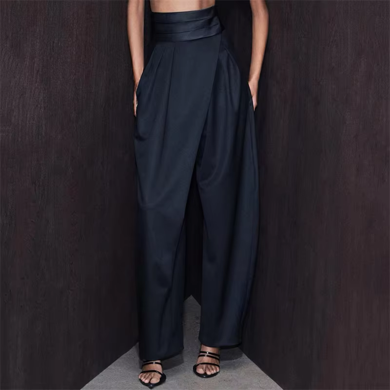 Women's pants New asymmetrical slim straight leg pants for spring 2026 Satin patchwork high waisted wide leg pants casual pants
