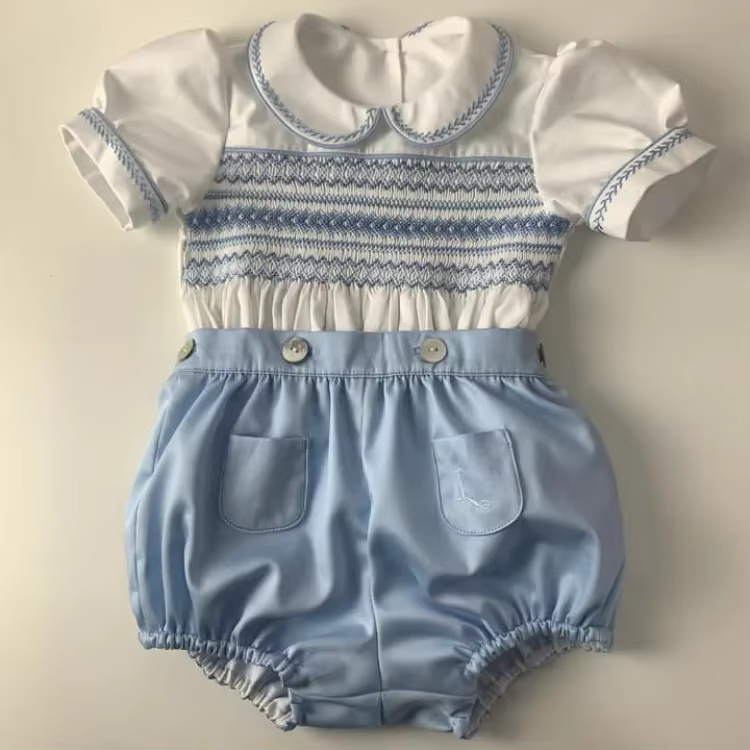 0-6Y Boy Summer Handmade Embroidery Smocked Blue Outfit Suit for Party Birthday Photography Hoiday Casual A80