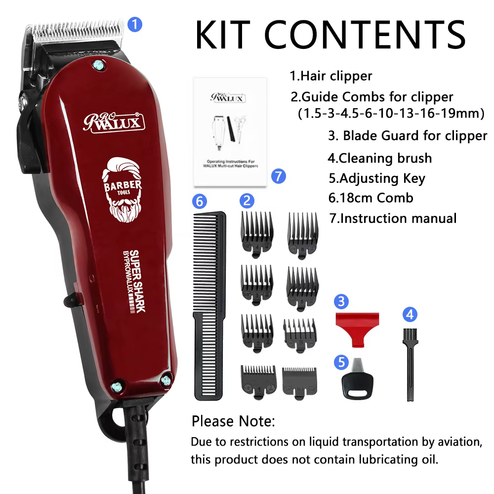WALUX Professional AC Hair Clipper, 10W Strong Power 2M Cord with 8 Adjustable Guide Combs for Men Home Barber Haircuts