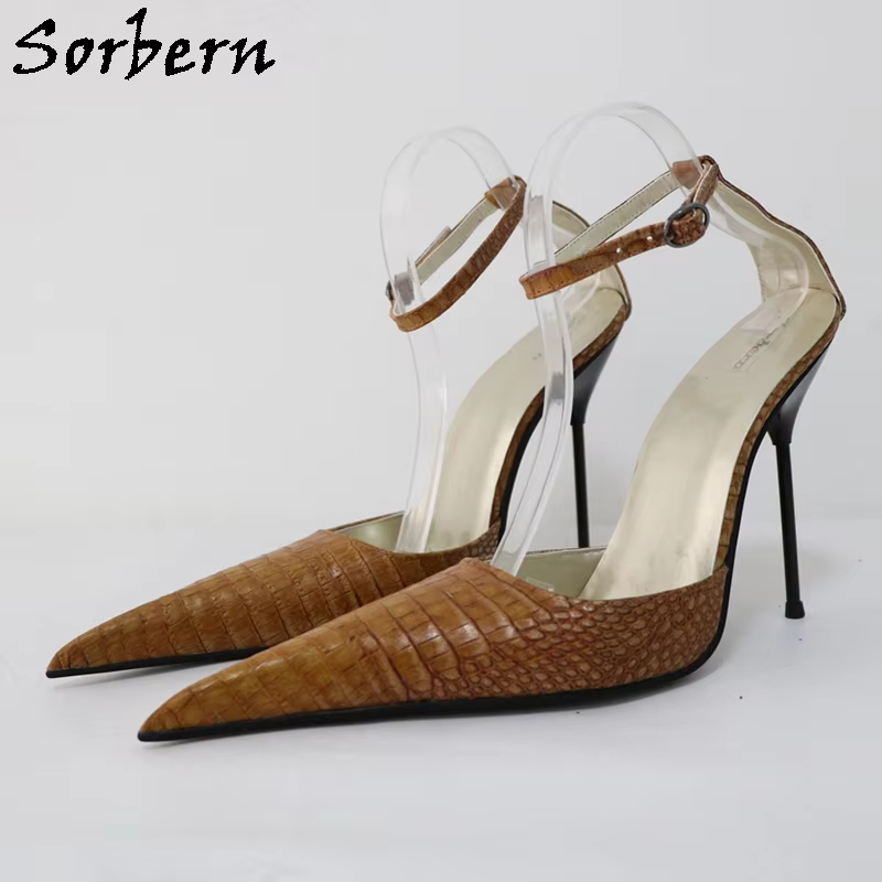 Sorbern Brown Crocodile Ankle Strap Pumps Women Pointy Toes Metal High Heel 13Cm Stilettos Sissy Boy Night Club Footwear