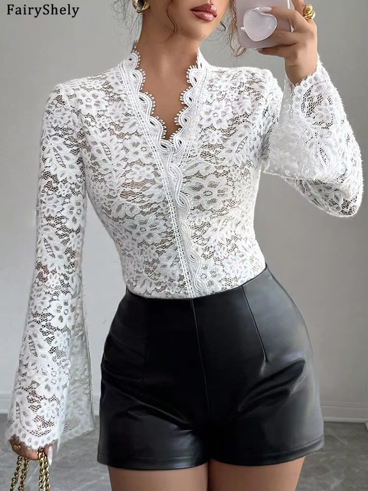 Fairyshely 2026 Spring Lace Long Sleeve Bodycon T-shirt Sexy Women White Crop Top Autumn Lady V Neck Club Short Tops Clothes