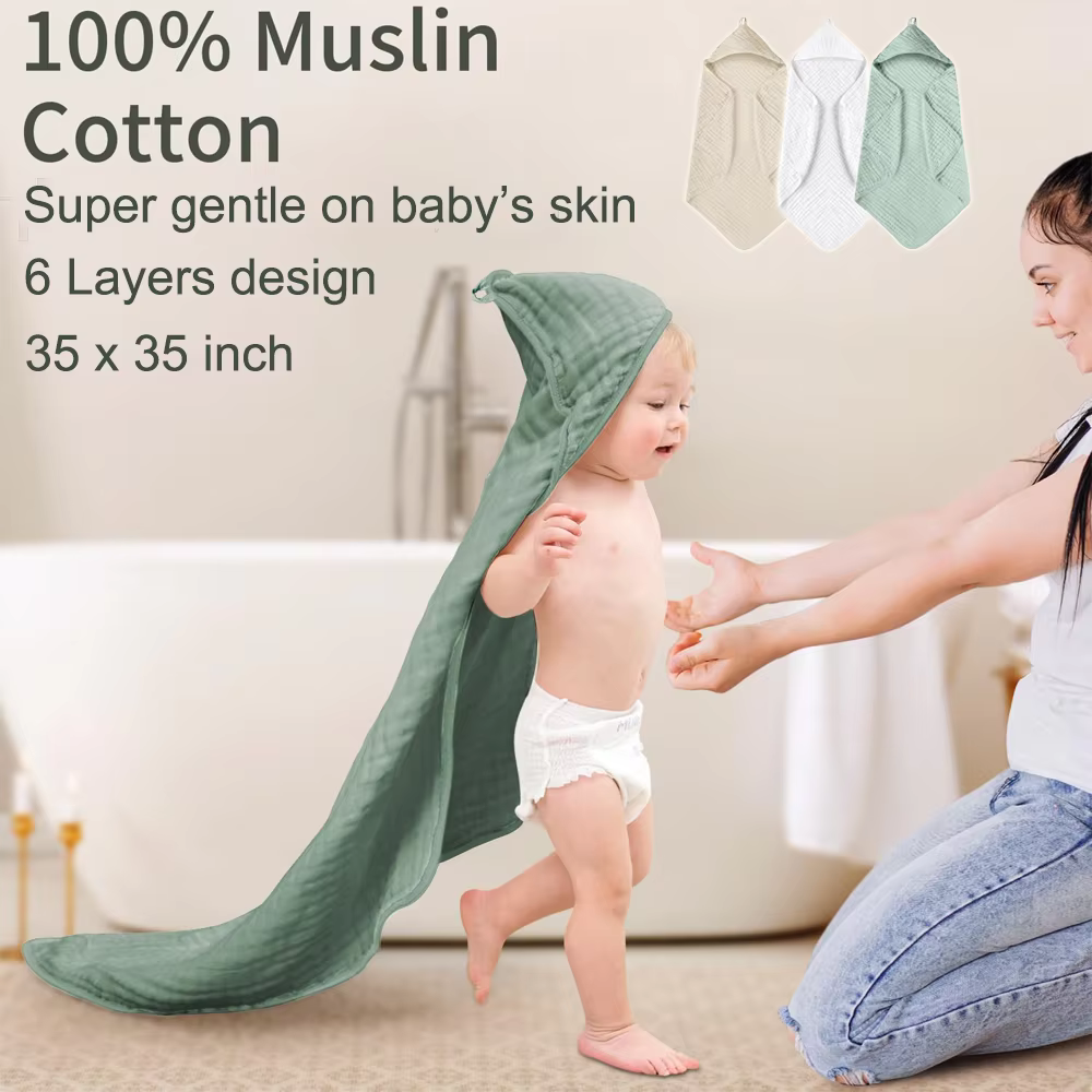 2 Pack 35*35inch Baby Bath Hooded Towels 100% Muslin Cotton Newborn Baby Bath Towel with Hood for Babies Infant Toddler and Kids