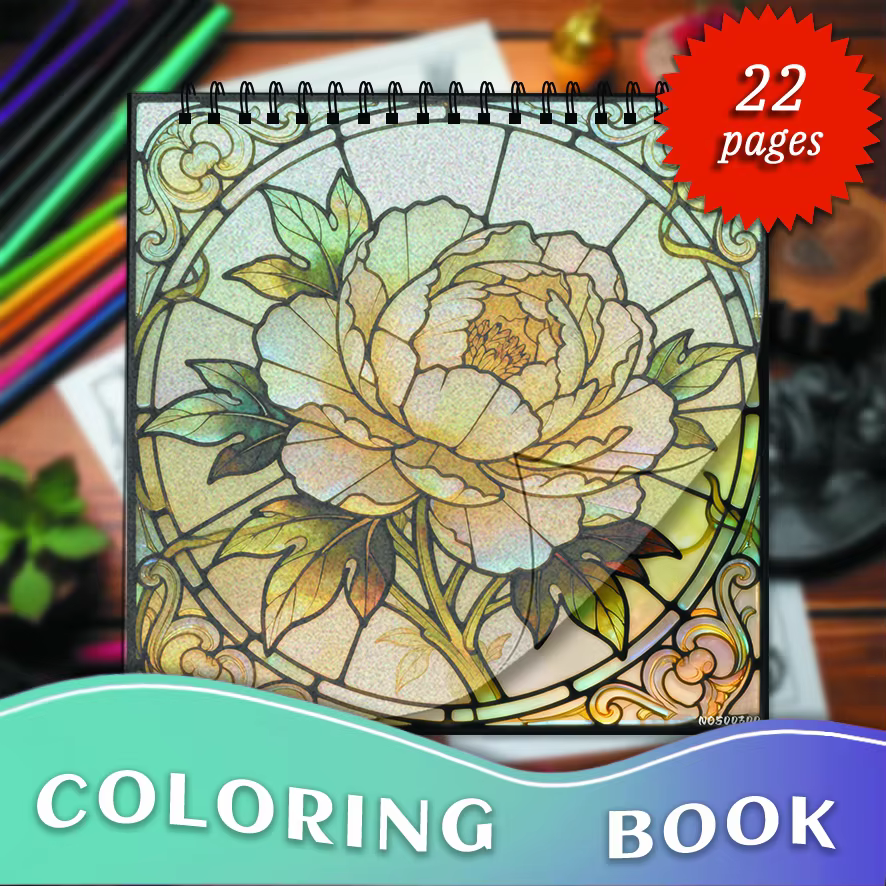 Stained Glass Peony Coloring Book - 8.3×11.2 Inches, 22 Pages. Great for Artistic Relaxation, Stress