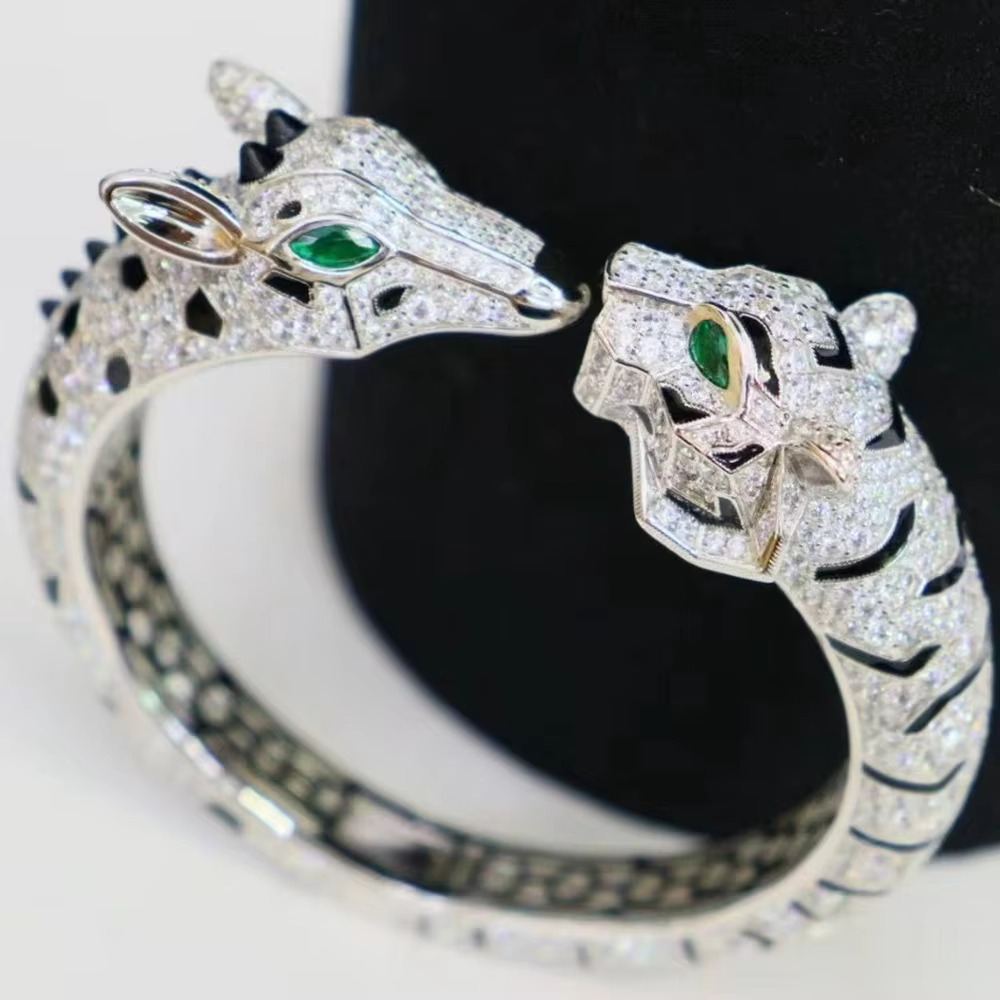 Solid 925 Silver With Black Spot Full Carbon Diamond Leopard Giraffe Cuff Bangles Bracelets Panther Jewelry for Women