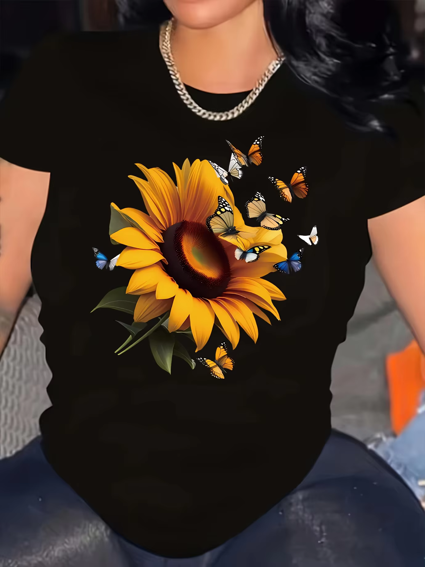 Women Black Sunflower Butterfly Print T-Shirt Semi Formal Top Vibrant Yellow Sunflower Brown Butterfly Design Aesthetic Clothes