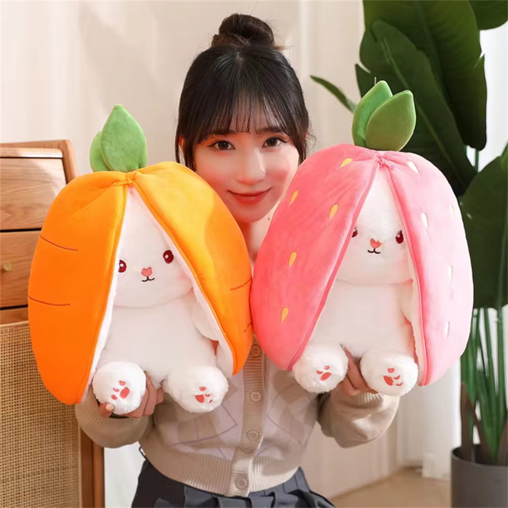 18CM Creative Carrot Strawberry Bag Transform To Rabbit Plush Toys Lovely Long Ears Bunny Stuffed Soft Doll Kawaii Kids Gifts