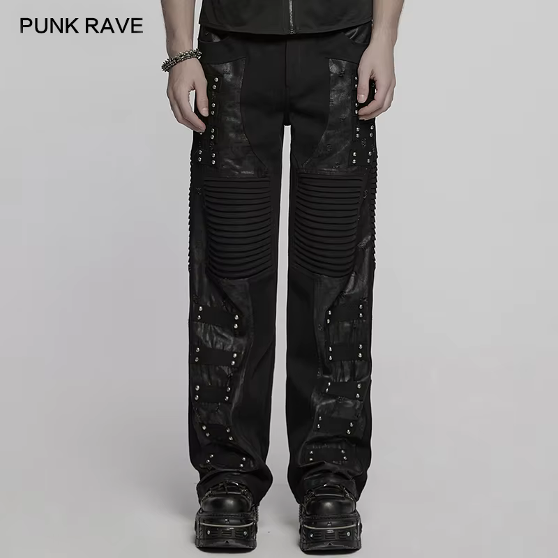 PUNK RAVE Men's Punk Street  Front 3D Pleats Highlight Straight Pants Rivets Woven Decorations Fashion Black Trousers