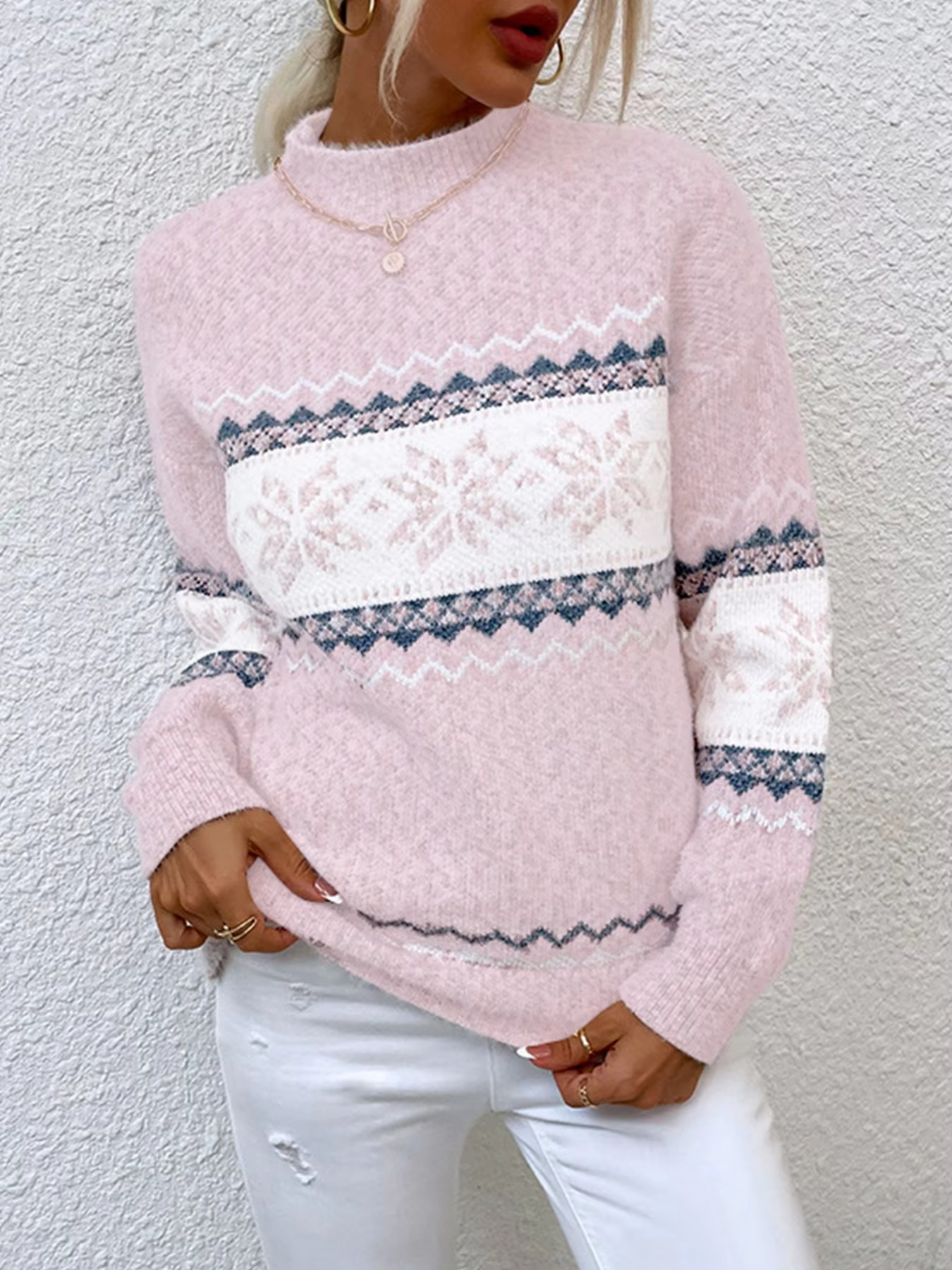 Damen Rosa Fair Isle Strickpullover Weicher Flauschiger Mock-Neck Pullover Lässige Strickware