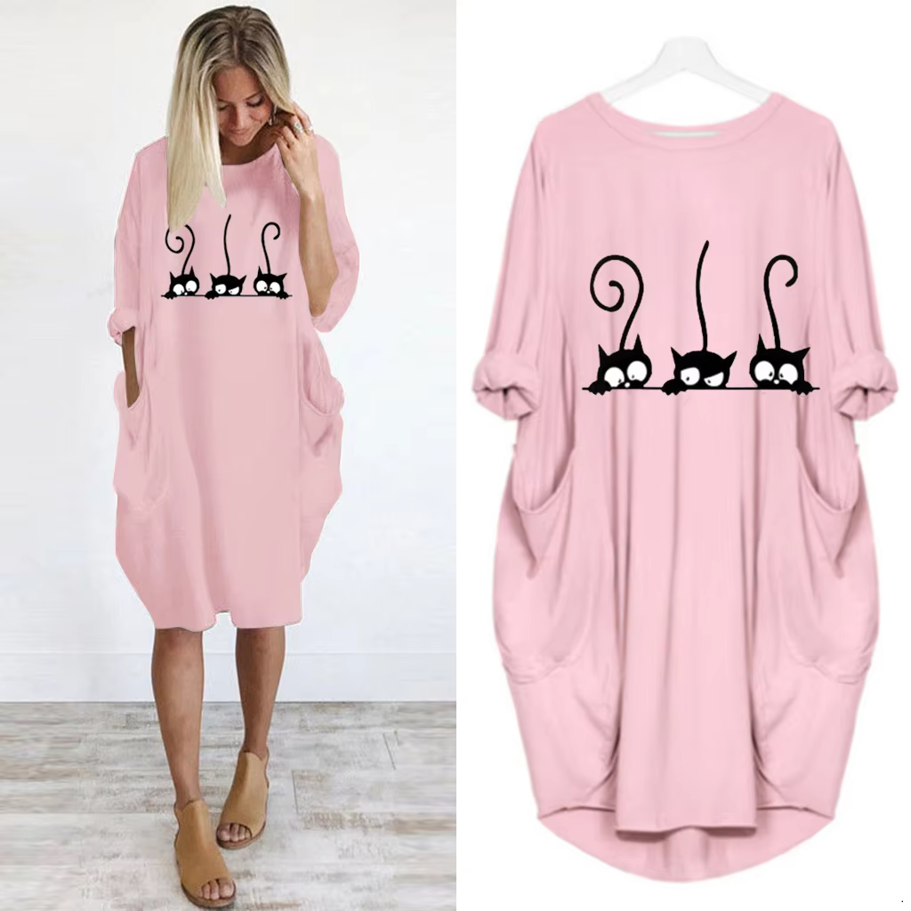 Women's Loose  Long Sleeved Summer Plus Size Dress Autumn  Winter Casual Round Neck Solid Color Long Sleeve Pocket Loose Pullove
