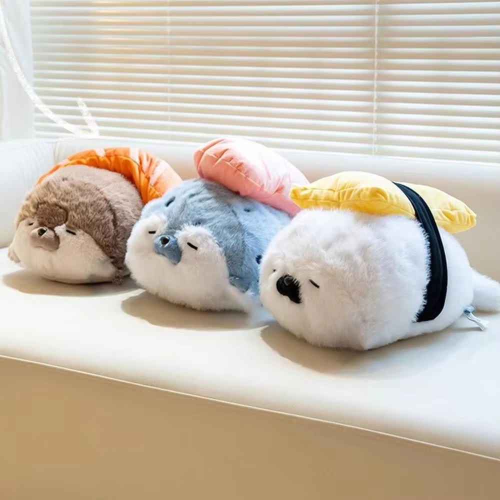 Peluche de focasa marina con temática de comida, estilo japonés, de 40 cm, grande, realista, con diseño de camarón frito, muñeco suave.