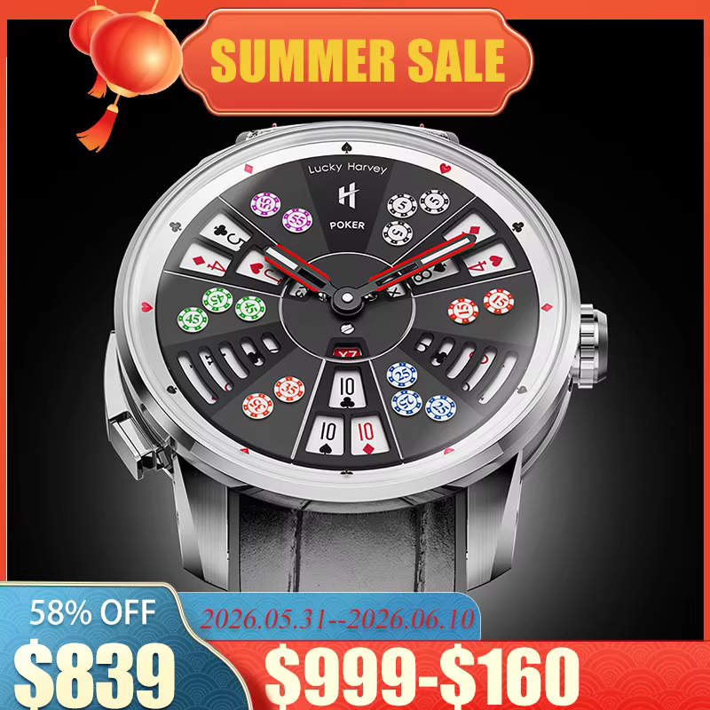 Lucky Harvey Funny Play Three Card Poker Design Mechanical Watch for Men Automatic Moving Doll Movement Wristwatches with Games