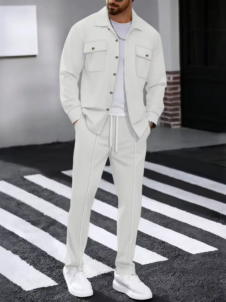 Men's casual two-piece waffle texture suit (including button-down top and elastic waist pants) - fashionable street casual sport