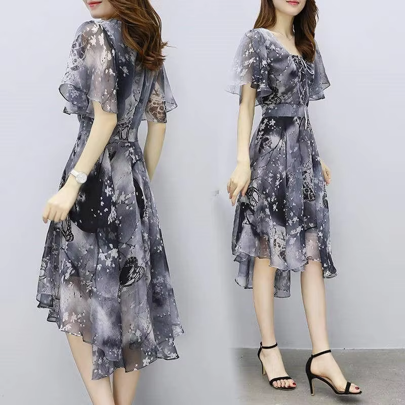 Women floral Chiffon Flower Dress 2026 trends new in Ladies Elegant V Neck short Sleeve korean style Summer Dress Female Clothes