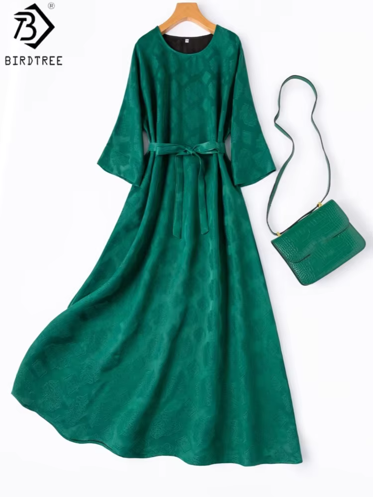 BirdTree, 45MM 100%Real Silk Dress, Jacquard Heavy Satin Xiangyun Gauze, Women Elegant O-neck Dresses,  2026 Spring New D62011JF