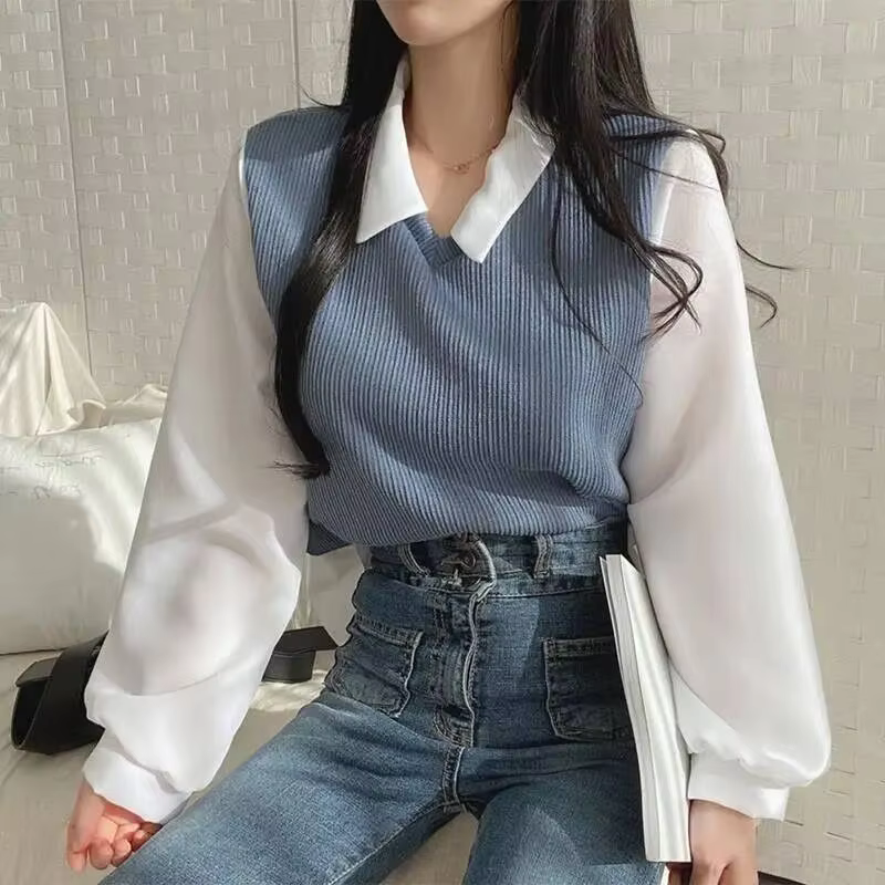 New False Two-piece Polo Collar Women's Blouse Spring Korean Shirt Y2k Tops Streetwear Loose Female Pullovers Elegant Blouses
