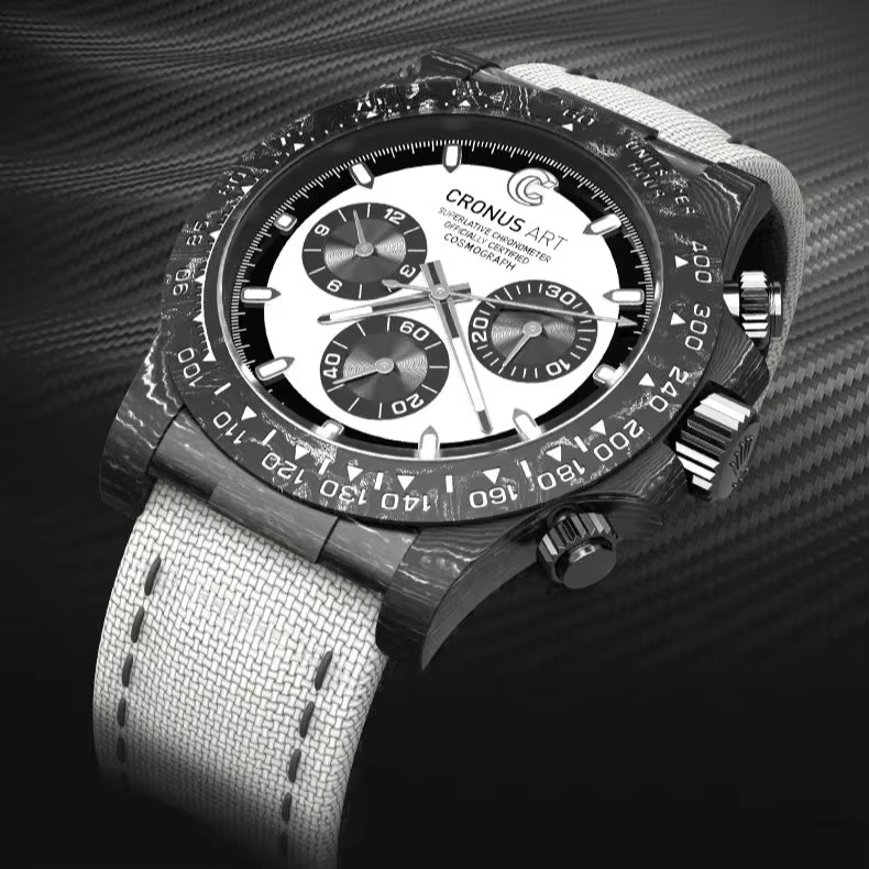 CRONUSART Men Chronograph Watch 40mm Automatic Mechanical Wristwatch Carbon Fiber Case Sapphire Mirror Luminou Canvas Strap