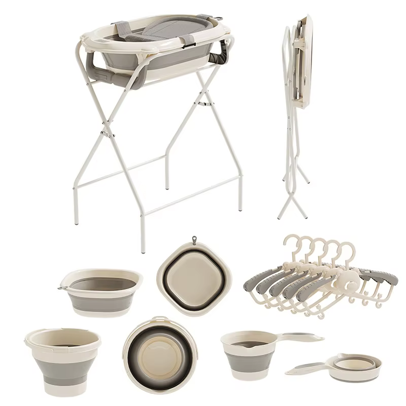 Baby Bath Tub Set 7-in-1 Foldable Bathing Station with Temperature-Sensitive Drying Rack Durable PP Material, Elevated Support