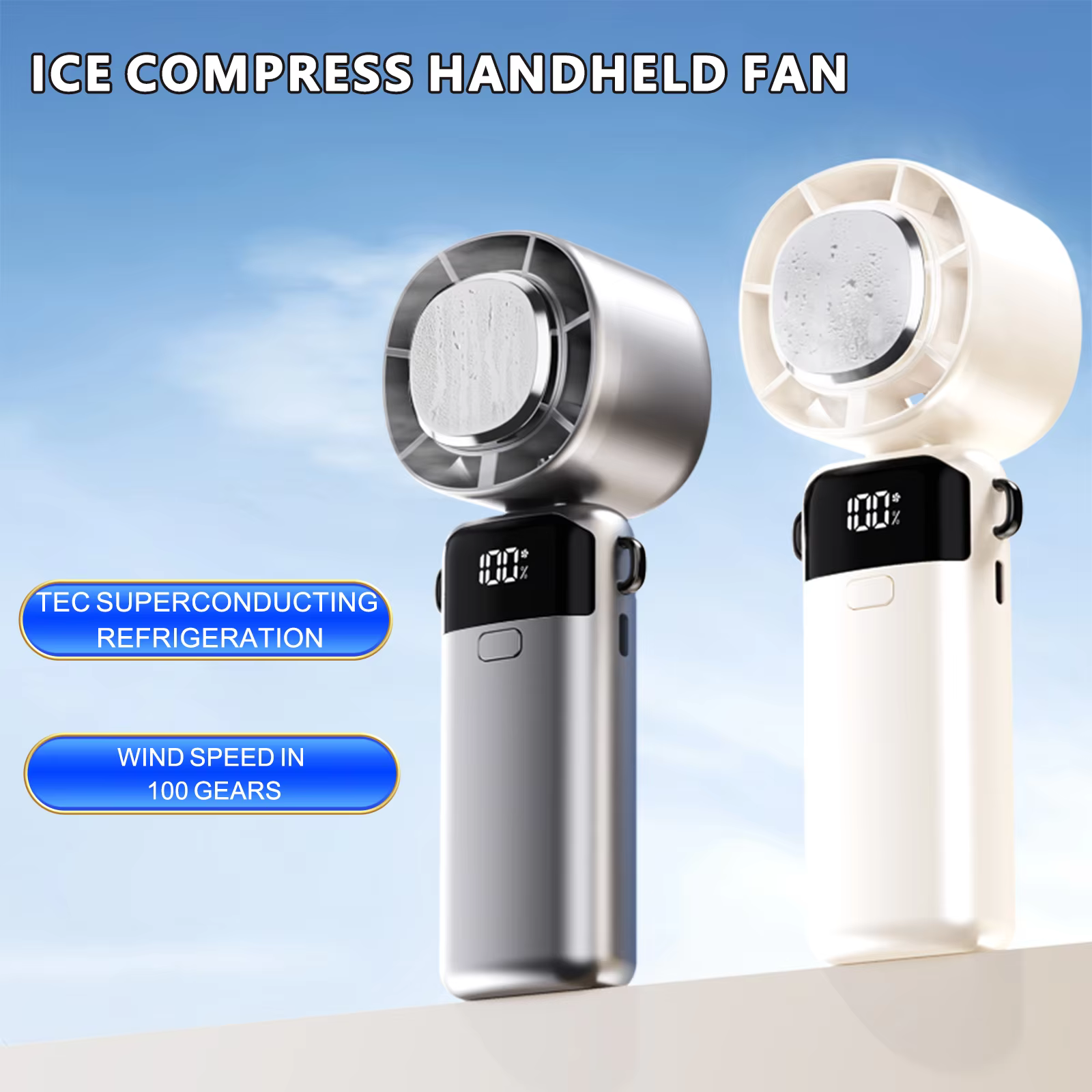 Ice Compress Handheld Fan Portable Outdoor Usb Digital Display Folding Refrigeration High Speed Violent Turbine Small Fan
