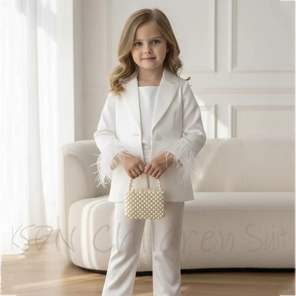 Luxury White Feathers Girl Suits 2 Pieces Chic Single Breasted Peaked Lapel Clothes High Quality Solid Color Child Suit Set