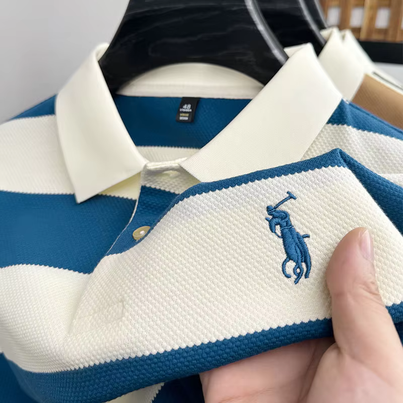 KUXA Men Cap Polo Knitted T-shirt Summer Men's Summer Clothes Striped Embroidery Business Casual Breathable Short Sleeve Tops