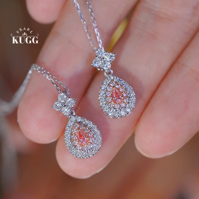 KUGG 100% 18K White Gold Necklace Romantic Style 0.50carat Real Natural Pink Diamond Pendant Necklace for Women Wedding Jewelry