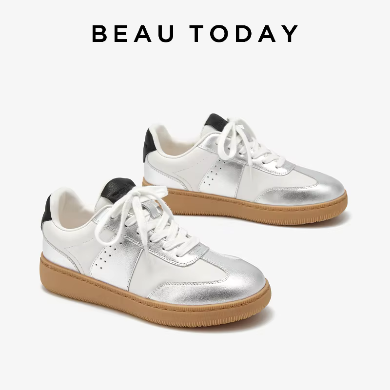 BEAUTODAY Sneakers Women Cow Leather Patchwork Mixed Color Lace-up Round Toe Flats Summer Casual Ladies Shoes Handmade 29850