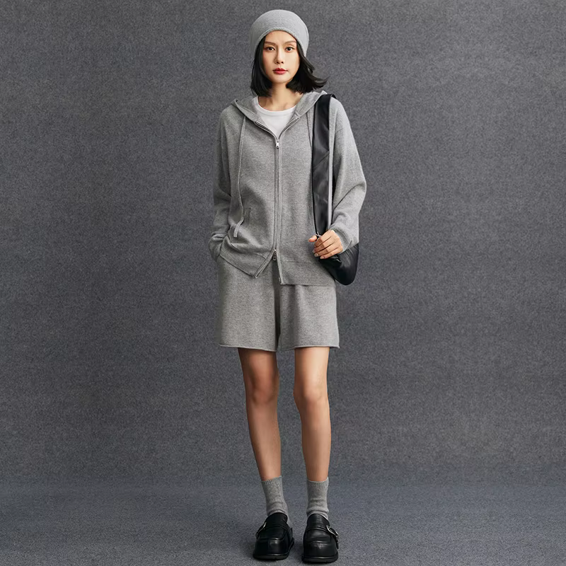 Women's matching set 100% cashmere zipper hooded cardigan casual solid loose elastic waist rolled edge shorts two-piece set