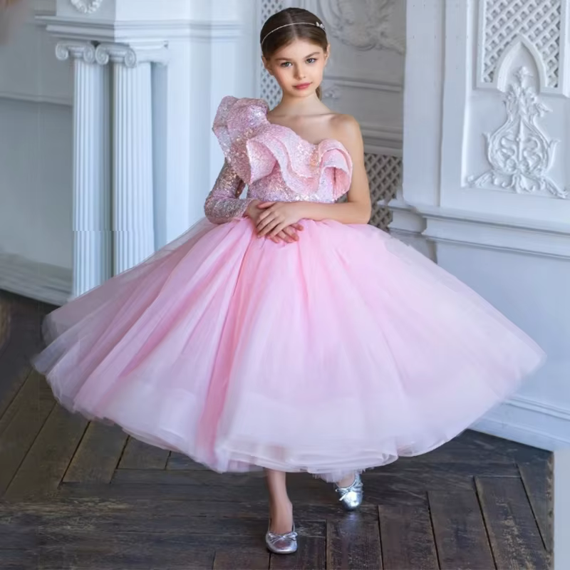 2026 Kids Girls Princess Dress Flower Wedding Gown Children One Shoulder Length Fashion Flower Girl Bridesmaid Host Pink Clothes