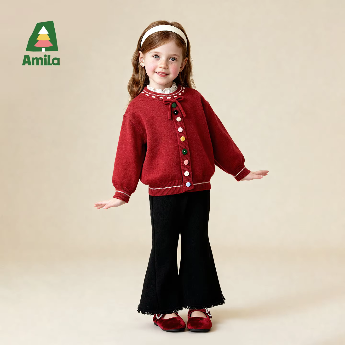 Amila Kids Winter Girls' Wine Red Sweater Lock Warmth Sweet And Elegant Style Suitable For Festival Celebrations