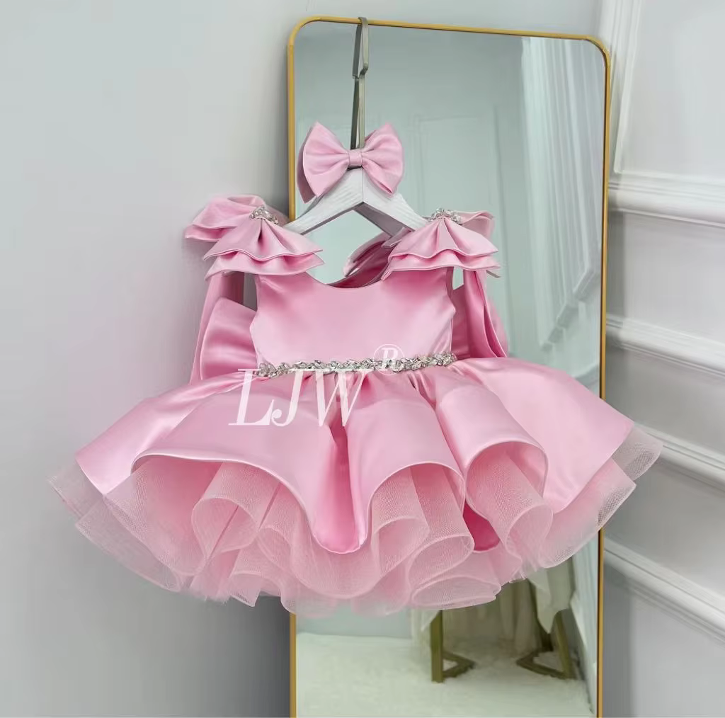 Elegant Pink Bow Girls Party Princess Dress Hostess Wedding Ceremony Flower Girl Outfit  Birthday Prom Dresess for Girl Gala Chr