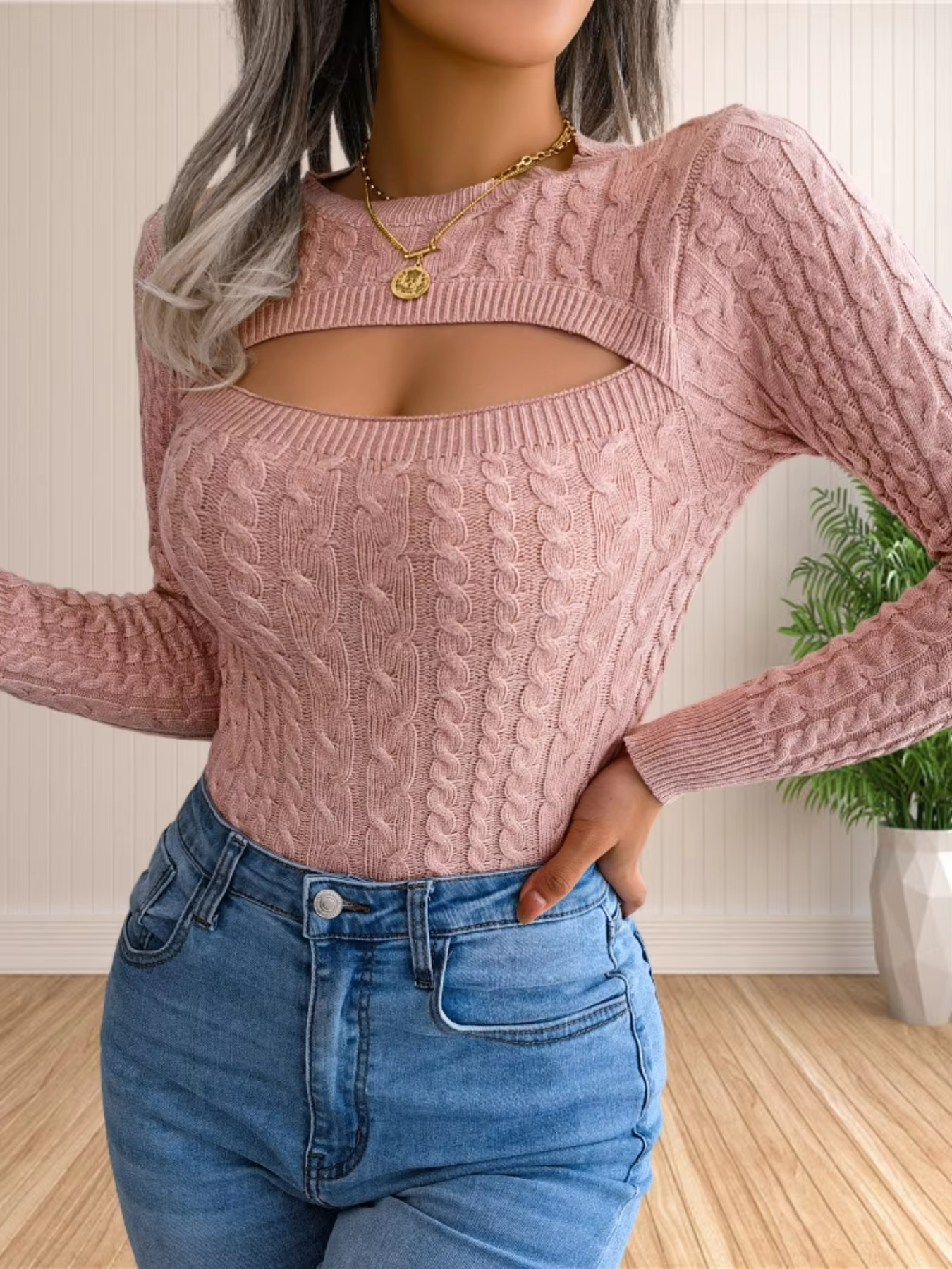 Womens' Fall Winter Cut Out Front Cable Knit Long Sleeve Crop Sweater