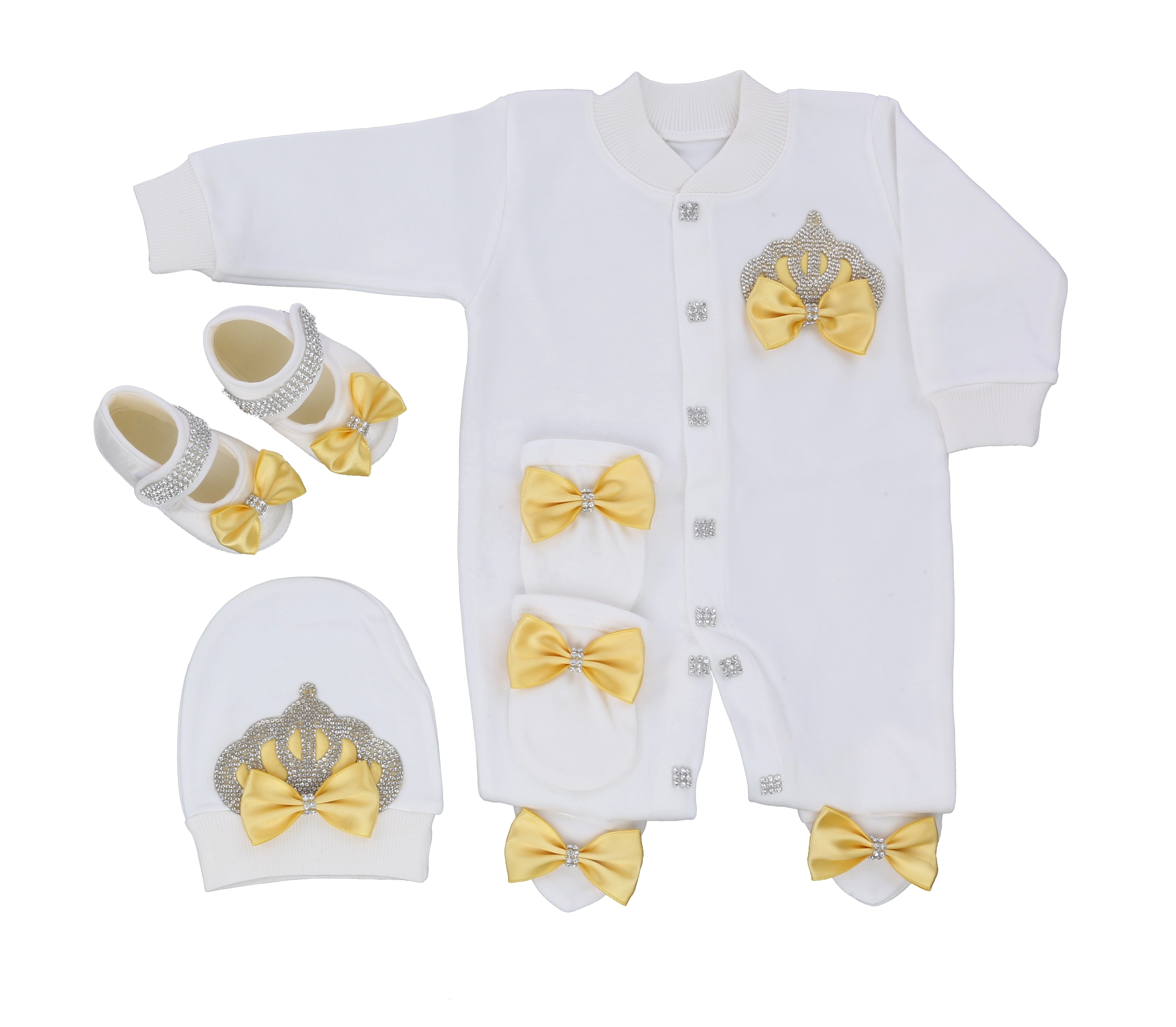 Footed Romper Newborn 0-9 Months 4 Piece Set White Yellow Crown Bow Prince Royal Boutique Baby Shower Gift With Hat Mittens Shoe