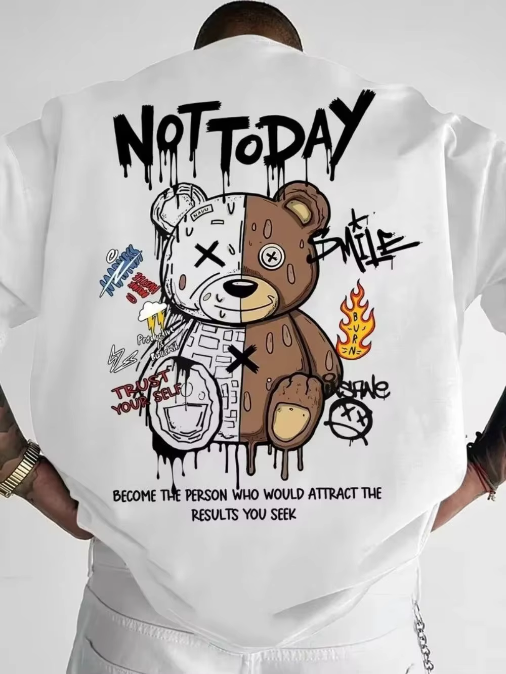 Fashionable men's summer spliced teddy bear letter print comfortable and breathable round neck T-shirt outdoor street top