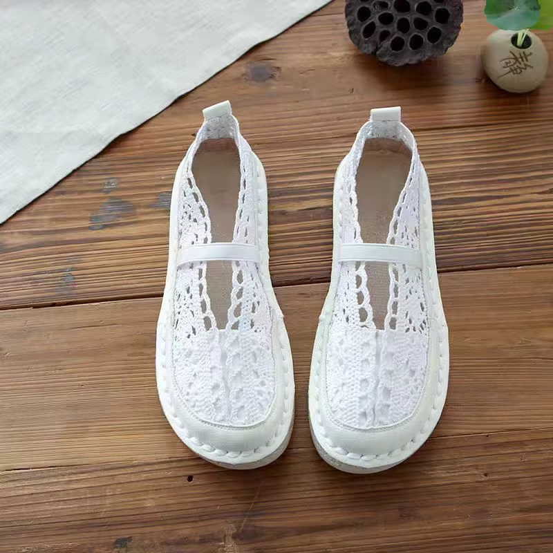 1414 Summer mesh hollow shoes, shallow mouth flat bottomed one word handmade shoes