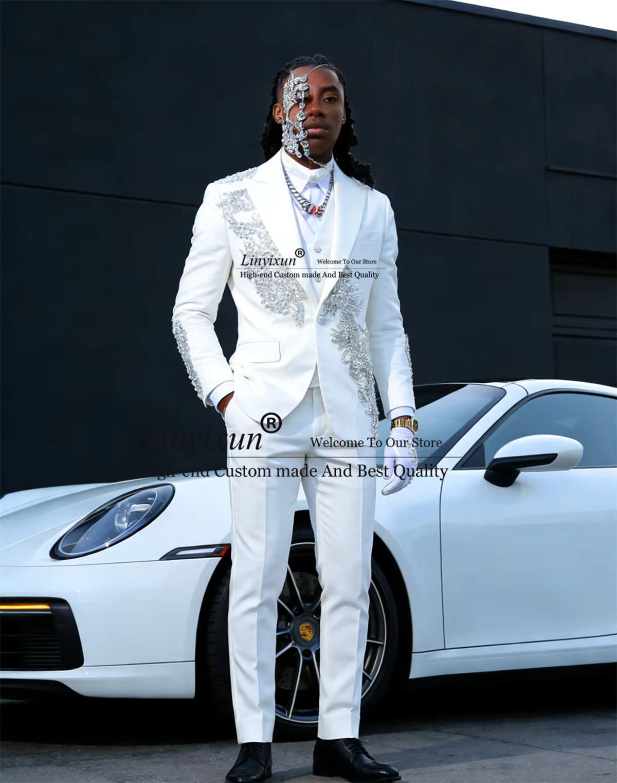 Elegant Appliques Men Suits 3 Pieces Sets Male Party Prom Blazer High End Metal Embellished Groom Tuxedos Customized Ropa Hombre