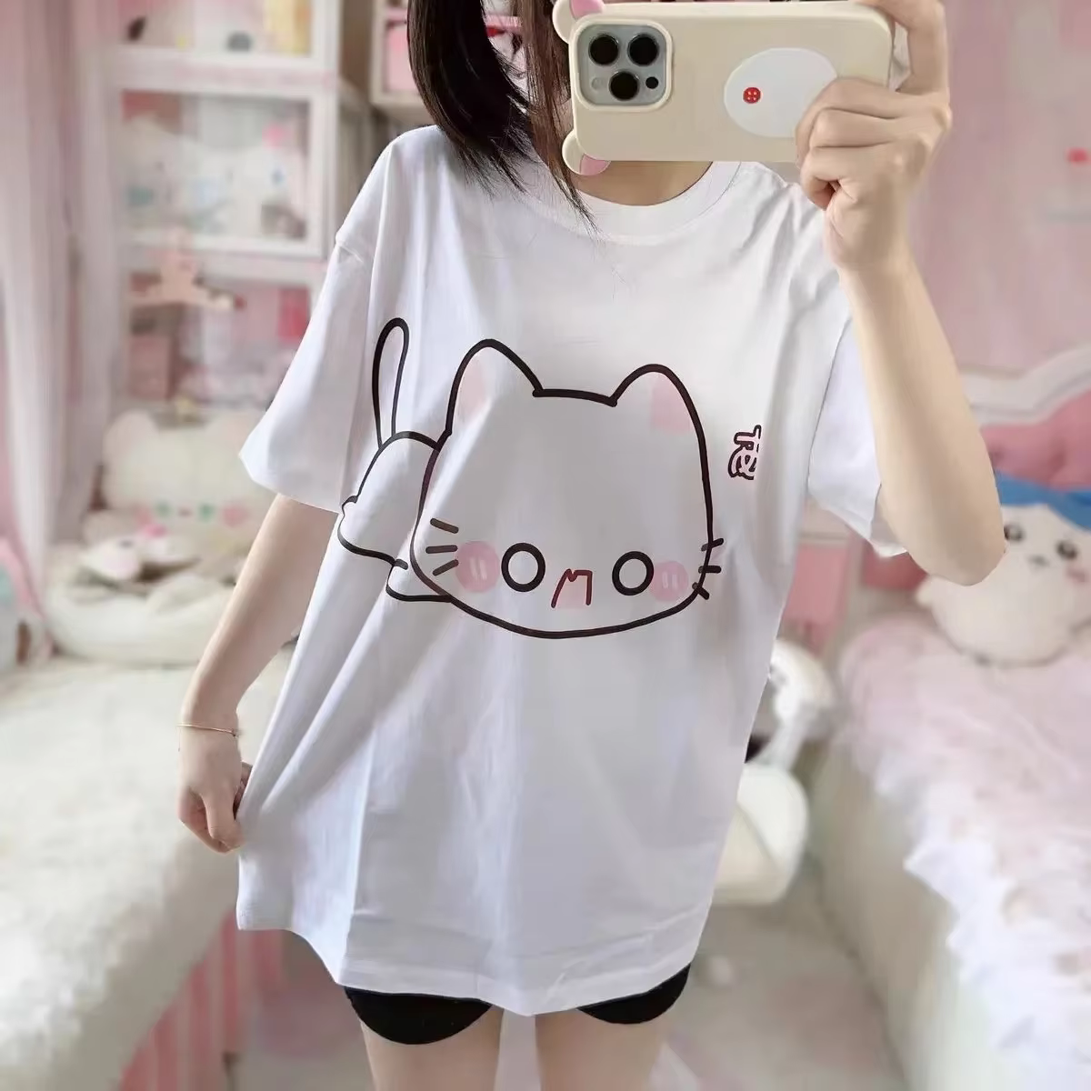 Cute Cartoon Cat Printed White T-shirt Women 2025 Summer O-neck Short Sleeve Casual Loose Y2k Tops Japanese Kawaii Tees