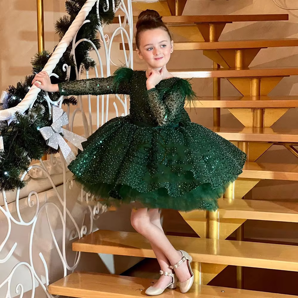 Light luxury Gao Ding Christmas Sequencies Long Sleeve Elegant Ballet Performance Clothing 2-10Y Girl Birthday Party Dress
