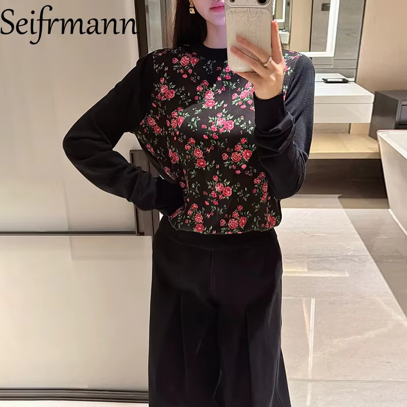 Seifrmann 2026 Summer Women's clothing New Fashionable Round Neck Long Sleeve Silk Printed Knitted Top